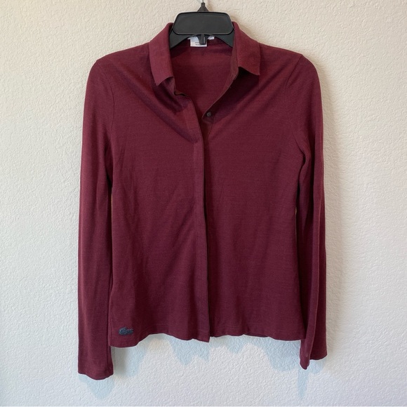 Lacoste Women’s Wool Blend Burgundy Button Up Top Size Small - Picture 1 of 9